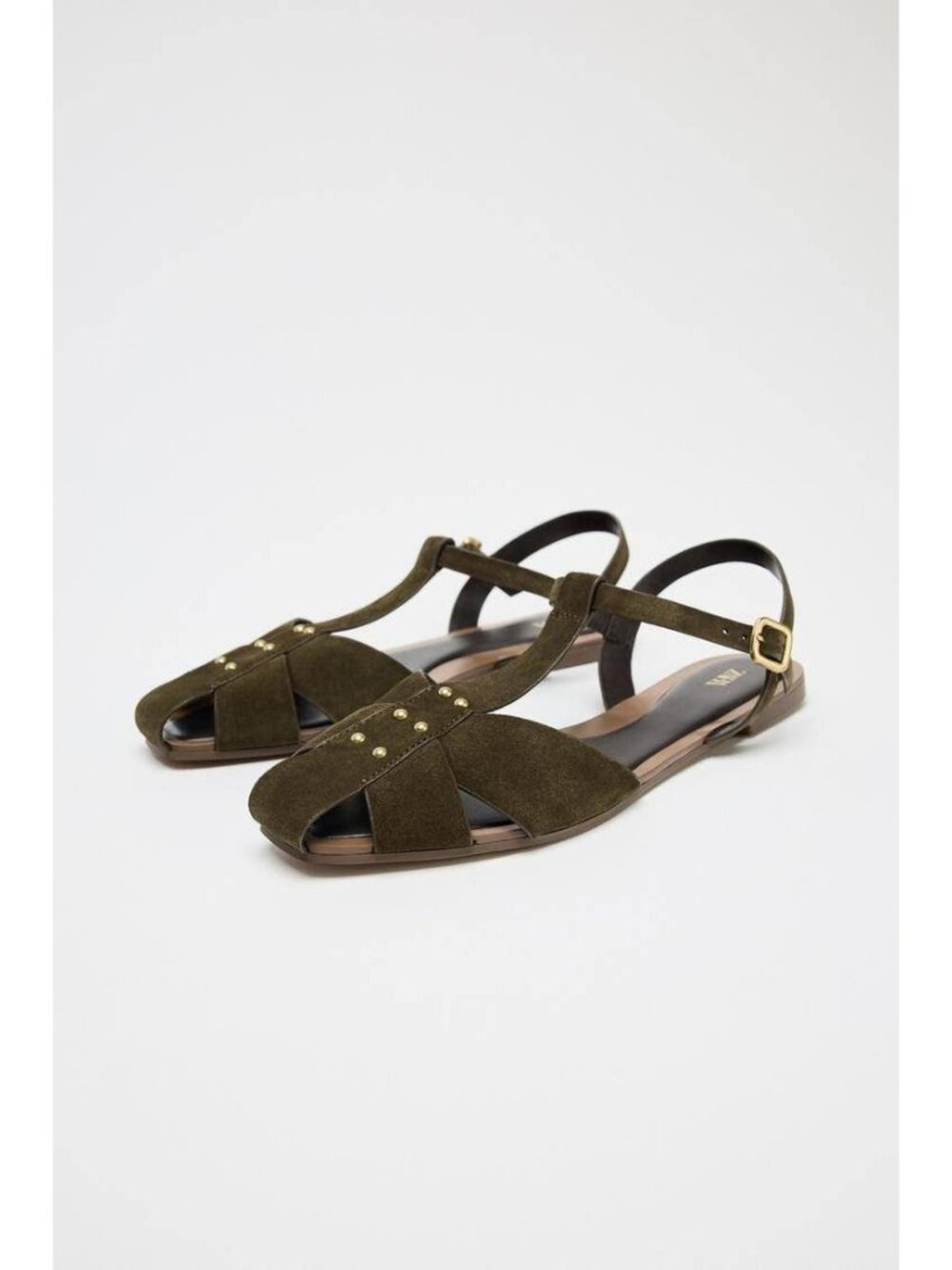 ZARA Womens Olive Green Suede Strappy Studded Flat Sandals US 10 2509/510 NWT